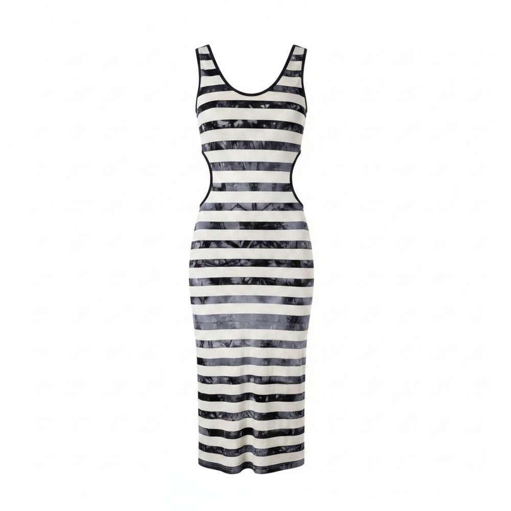 See the Sea Maxi Dress M Blue White Striped side Cutouts Open Back Coastal